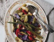 Roasted Vegetable Salad | www.diethood.com | Roasted brussels sprouts, asparagus, red cabbage, peppers, and cherry tomatoes, topped with a delicious, homemade honey mustard dressing | #salad #vegetables #summer