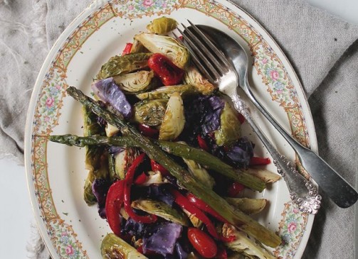 Roasted Vegetable Salad | www.diethood.com | Roasted brussels sprouts, asparagus, red cabbage, peppers, and cherry tomatoes, topped with a delicious, homemade honey mustard dressing | #salad #vegetables #summer