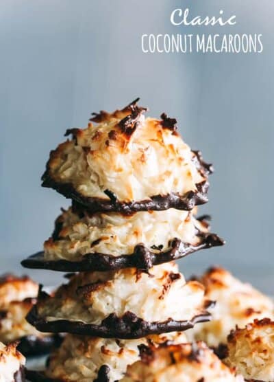 a photo of four stacked coconut macaroons.