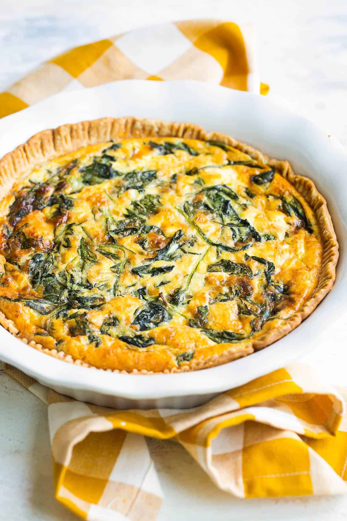 Baked quiche in a baking dish.