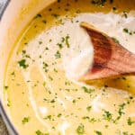 Stirring soup in a dutch oven.