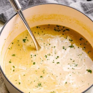 asparagus soup in a pot with a ladle