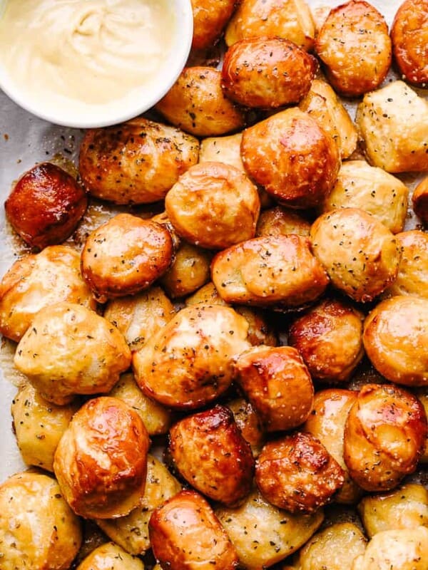 mound of pretzel bites on baking sheet