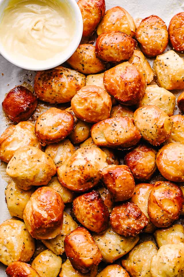 mound of pretzel bites on baking sheet