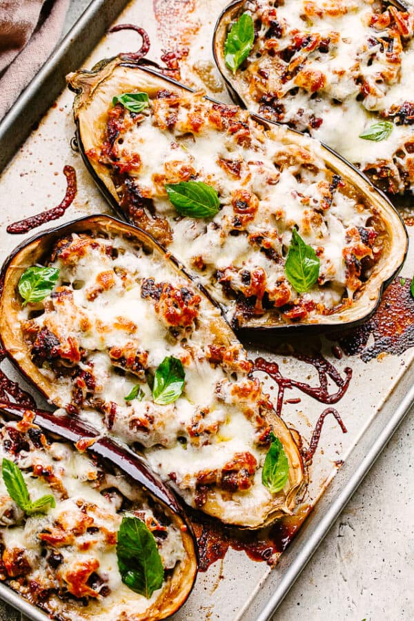 Sausage Stuffed Eggplant Boats | Easy Baked Eggplant Recipe