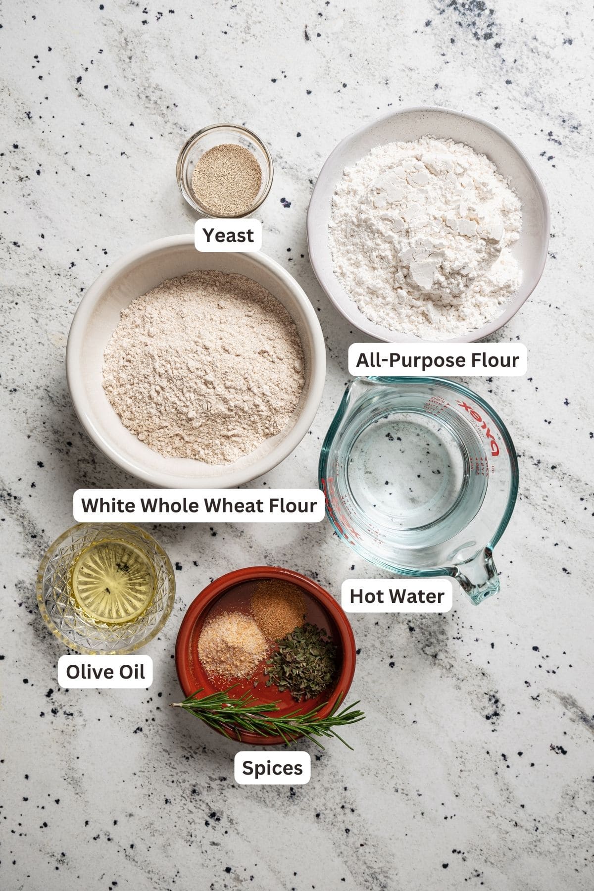 Labeled ingredients for focaccia. 