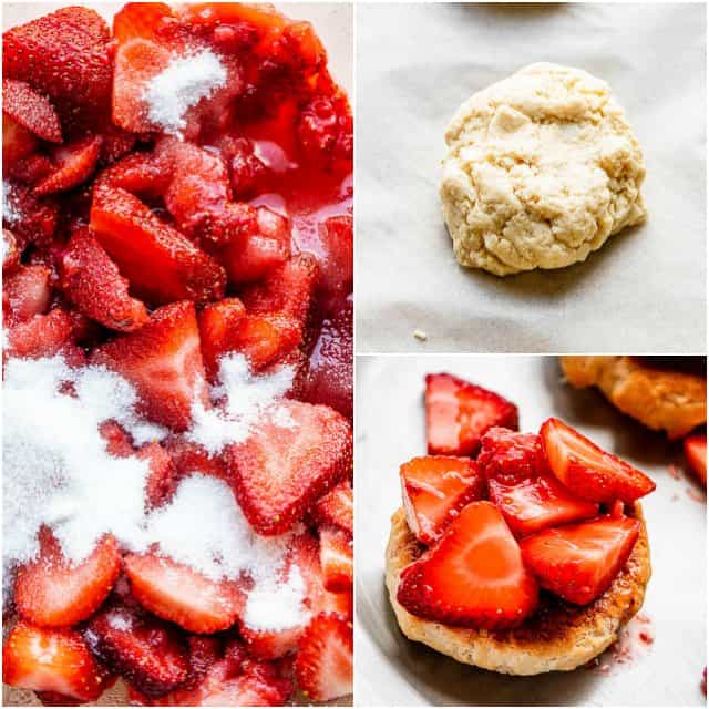 Collage of macerated strawberries, biscuit dough, and assembled shortcakes.