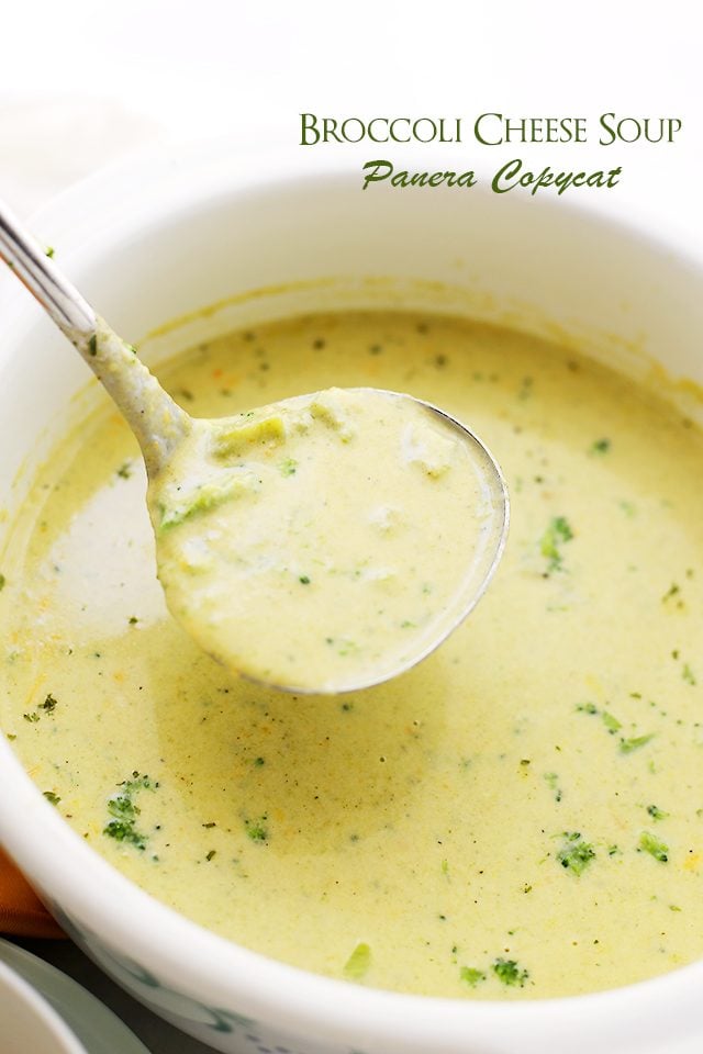 Broccoli Cheese Soup in a white pot.