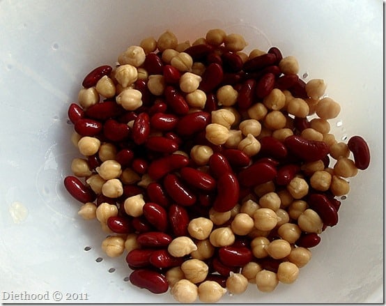 Overhead view of Kidney Beans and Garbanzo Beans in a colander