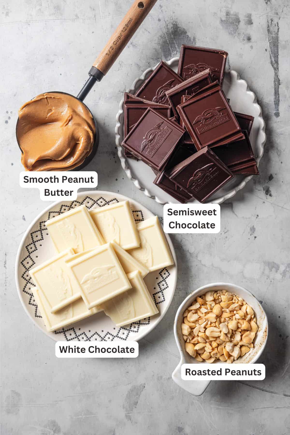 Peanut butter cups ingredients with text labels overlaying each ingredient.