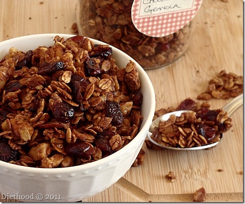 Chocolate granola with dried fruit and nuts.