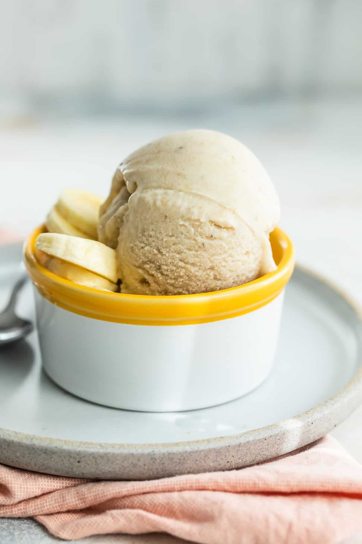 A bowl of Frozen yogurt with banana slices.