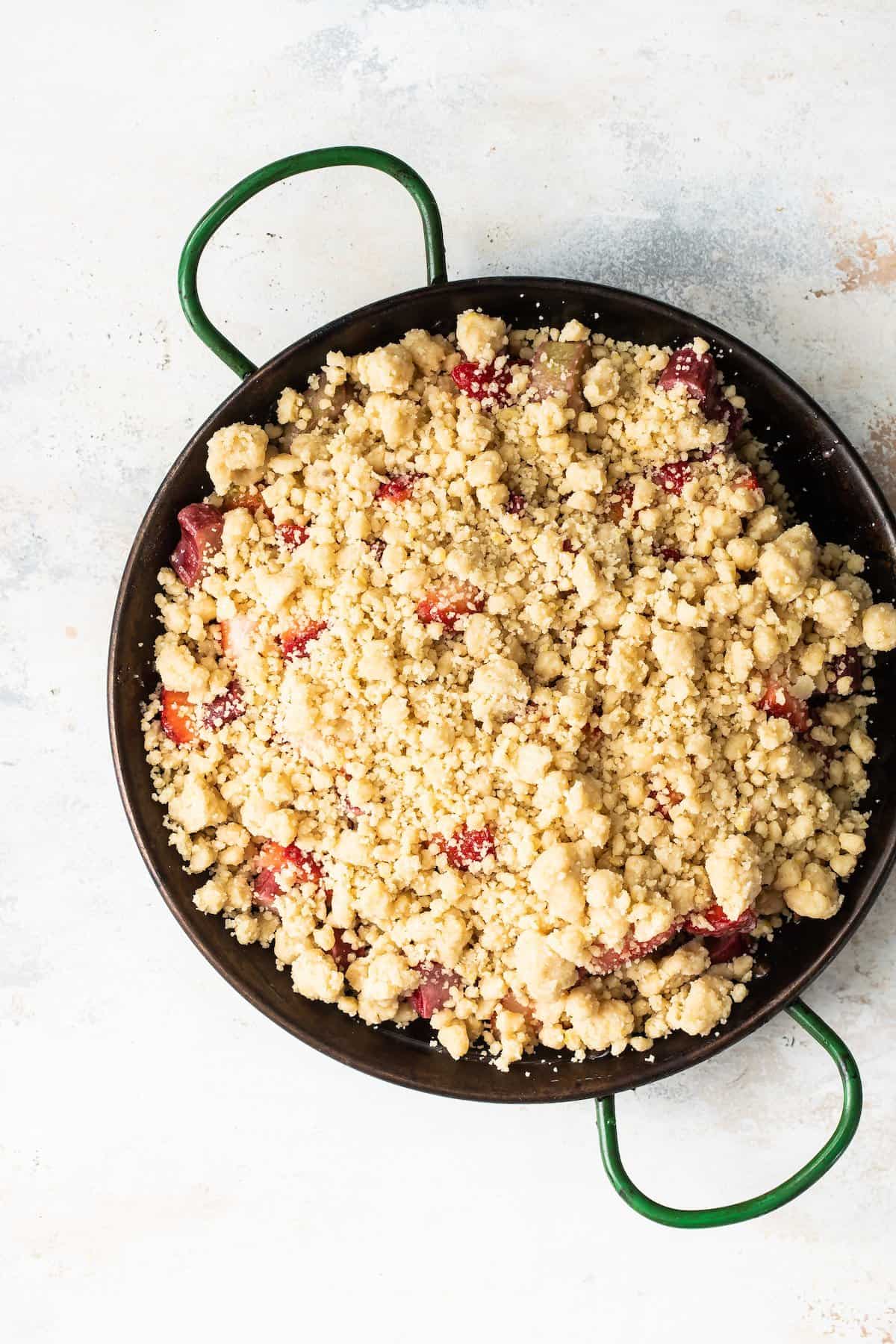 Streusel on top of strawberries and rhubarb.