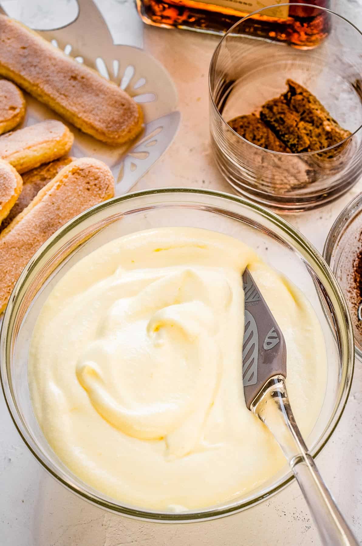 The whipped mascarpone filling in a mixing bowl.