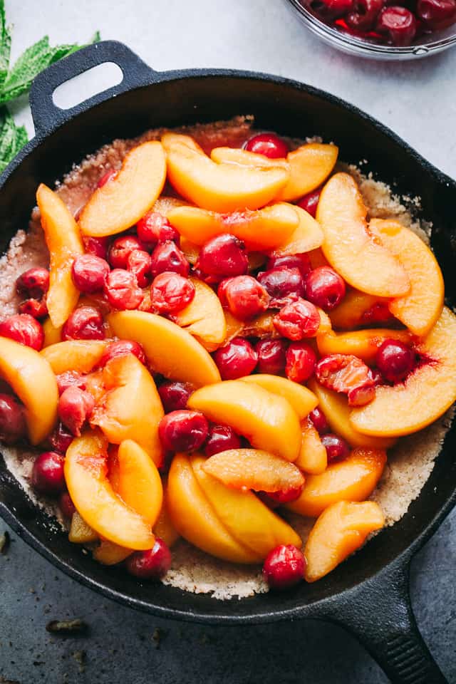 Cherry Peach Brown Betty Recipe - Delicious and easy to make skillet-baked Brown Betty packed with juicy peaches and sweet cherries!