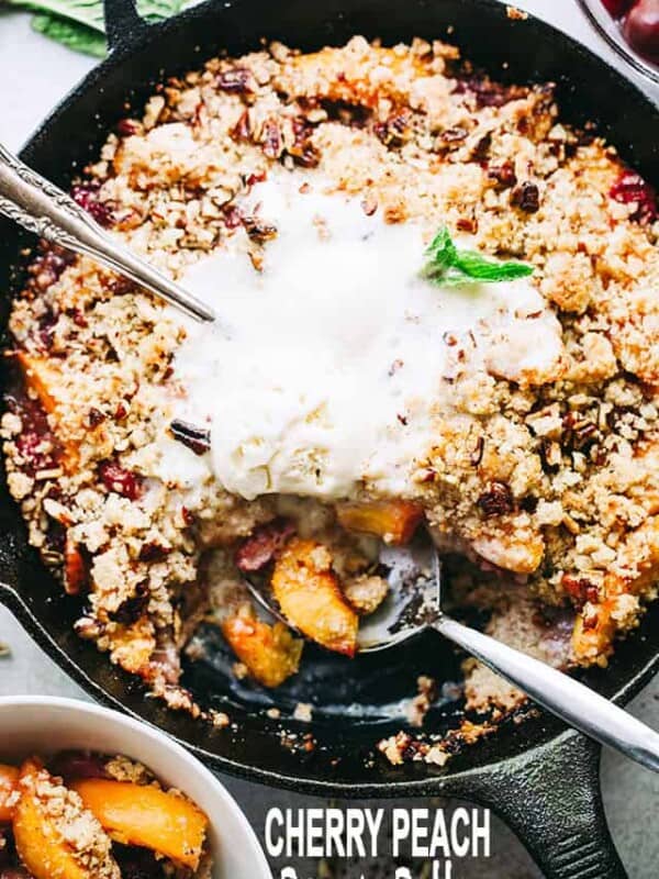 Cherry Peach Brown Betty Recipe - Delicious and easy to make skillet-baked Brown Betty packed with juicy peaches and sweet cherries!