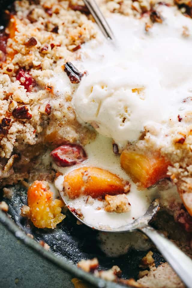 Cherry Peach Brown Betty Recipe - Delicious and easy to make skillet-baked Brown Betty packed with juicy peaches and sweet cherries!
