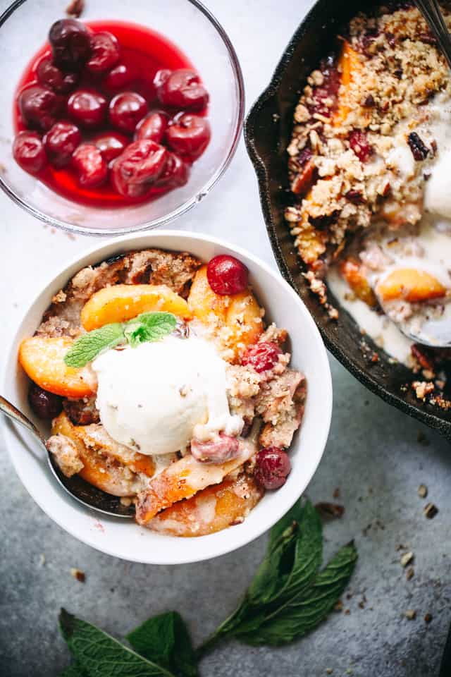 Cherry Peach Brown Betty served in a small white bowl