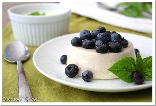 Sweet Basil Panna Cotta with blueberries on a plate