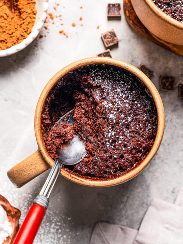 Overhead view of a spoon resting in a partially eaten chocolate mug cake.