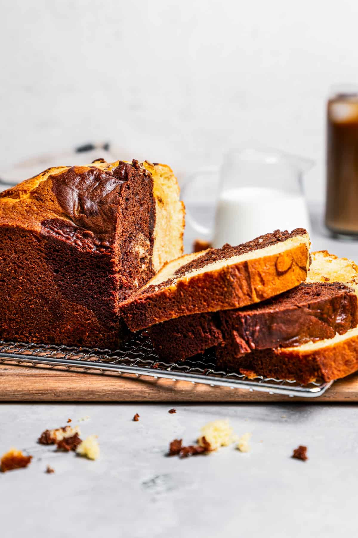 Side view of a sliced loaf cake.