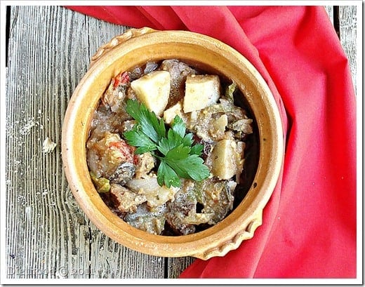 Overhead view of Macedonian-Style Vegetable and Meat Stew in a crock