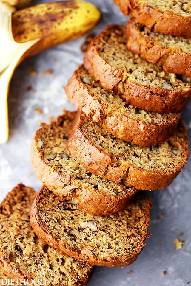 Easy One Bowl Banana Bread Recipe - Easy to make and lightened-up delicious banana bread recipe with crunchy pecans and loads of banana flavor.