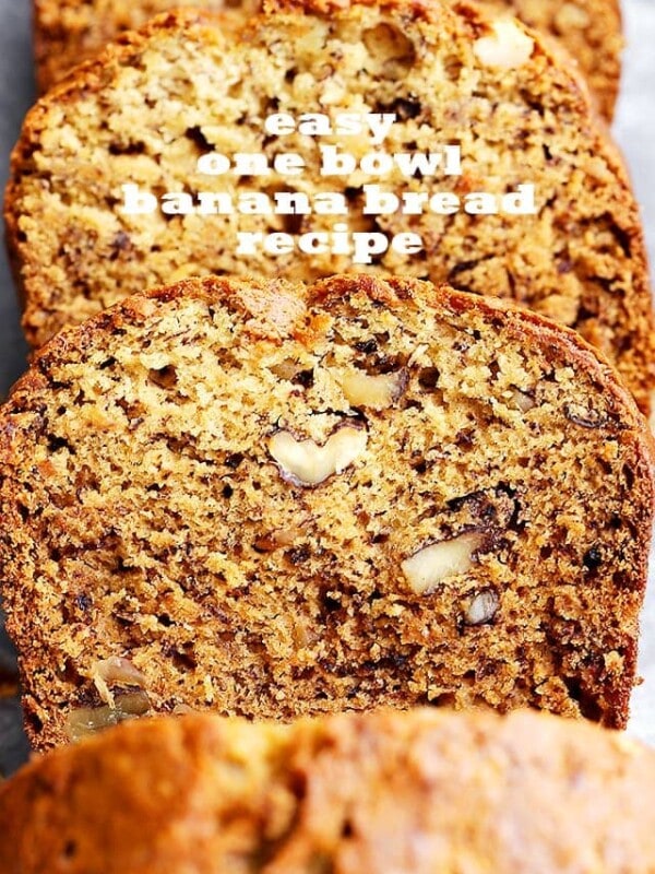 Easy One Bowl Banana Bread Recipe - Easy to make and lightened-up delicious banana bread recipe with crunchy pecans and loads of banana flavor.