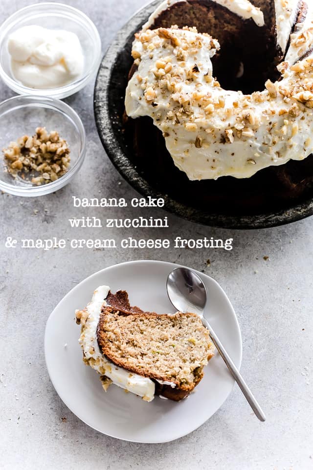 Banana Cake, zucchini cake, maple frosting, cream cheese, walnuts, easy cake recipe