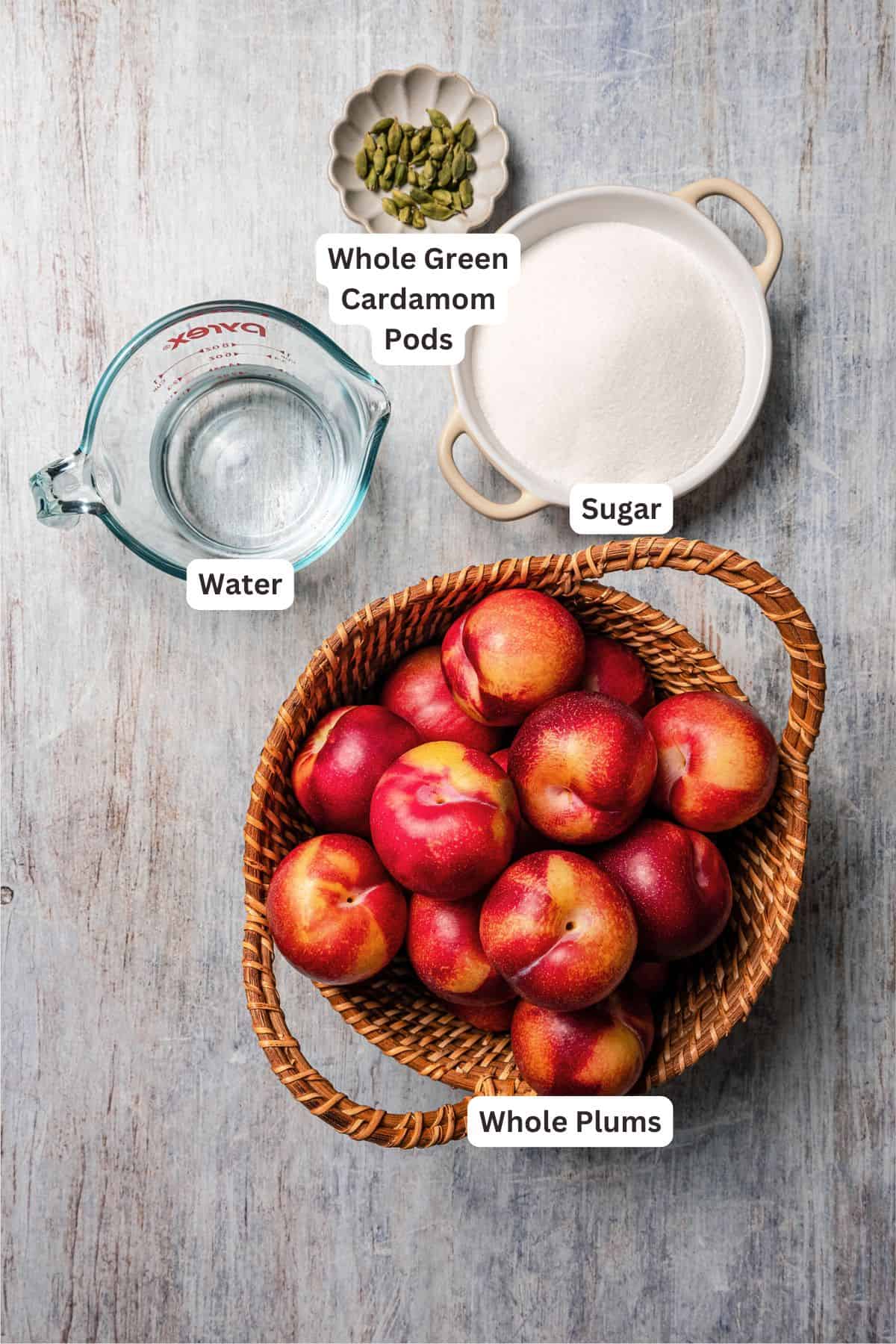 Plum jam ingredients with text labels overlaying each ingredient.