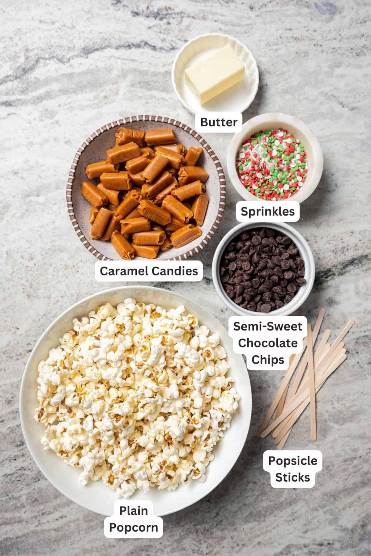 Ingredients for chocolate caramel popcorn balls with text labels overlaying each ingredient.