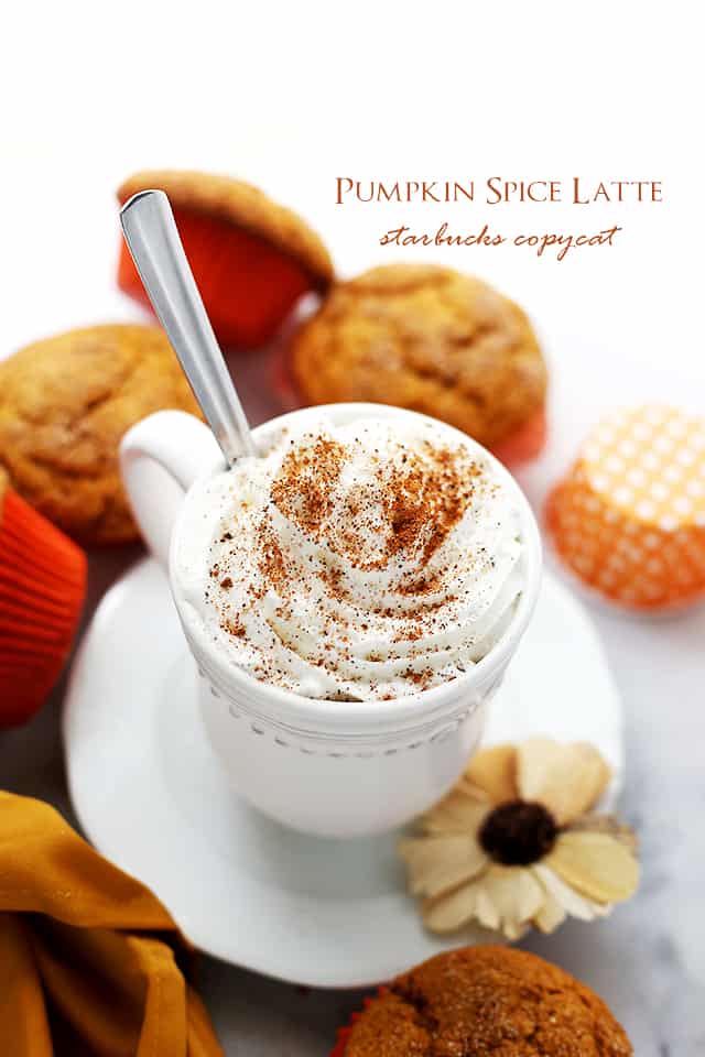 Homemade Pumpkin Spice Latte in a white mug.