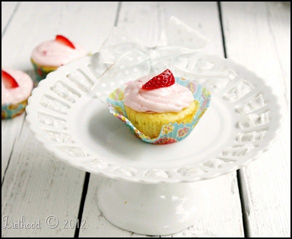 Yogurt Cupcakes with Strawberry Cream Cheese Frosting via diethood.com