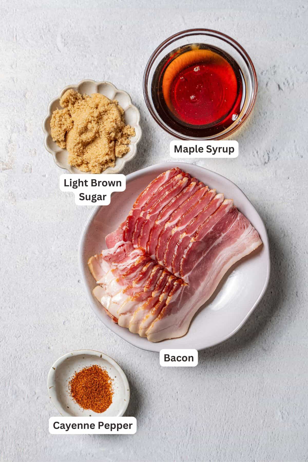 Candied bacon ingredients with text labels overlaying each ingredient.