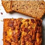 Peanut butter banana bread social media sharing image with text overlay.