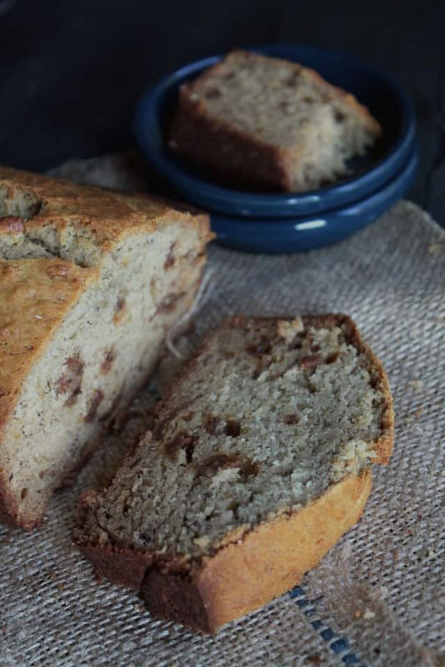 Peanut Butter Banana Bread with Candied Bacon by Diethood