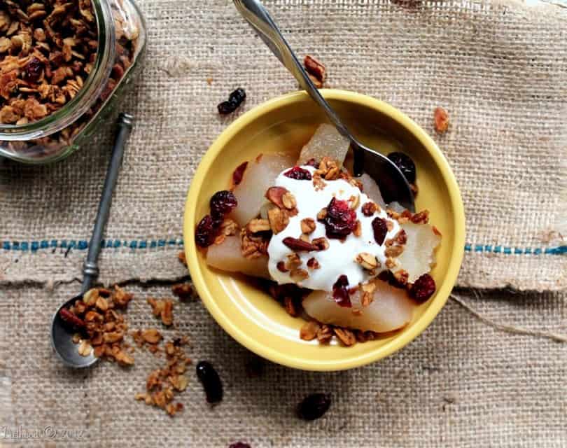 Maple nut granola sprinkled over yogurt and pears.