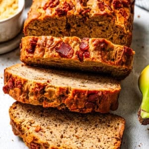 Close up of peanut butter banana bread cut into slices.