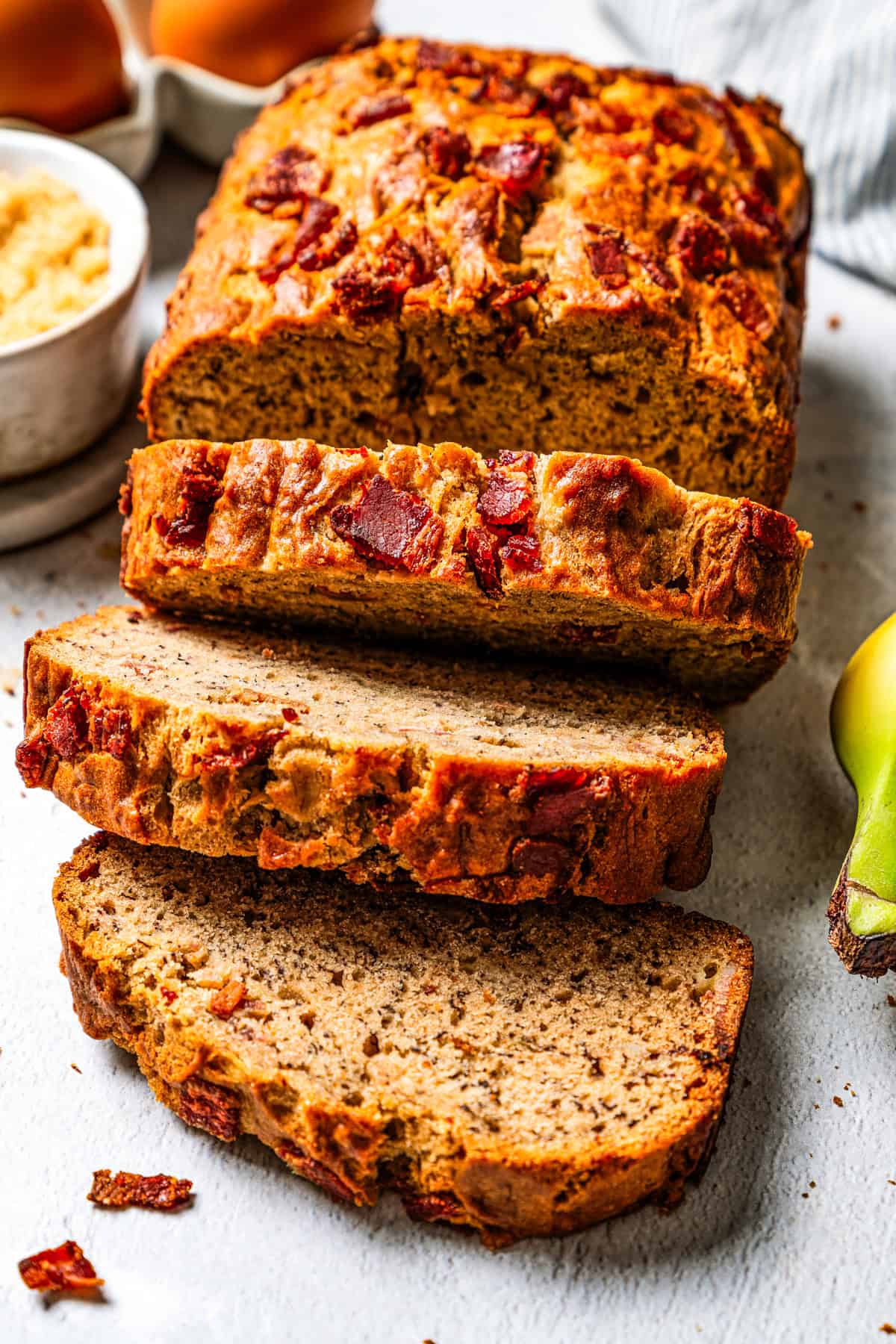 Close up of peanut butter banana bread cut into slices.