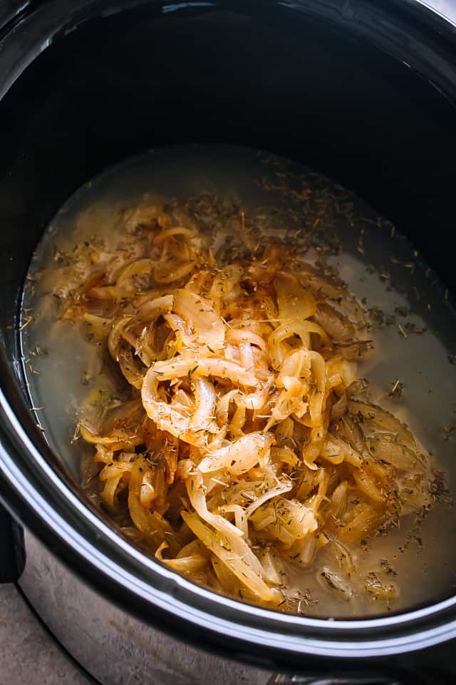 Caramelized onions in the crockpot.