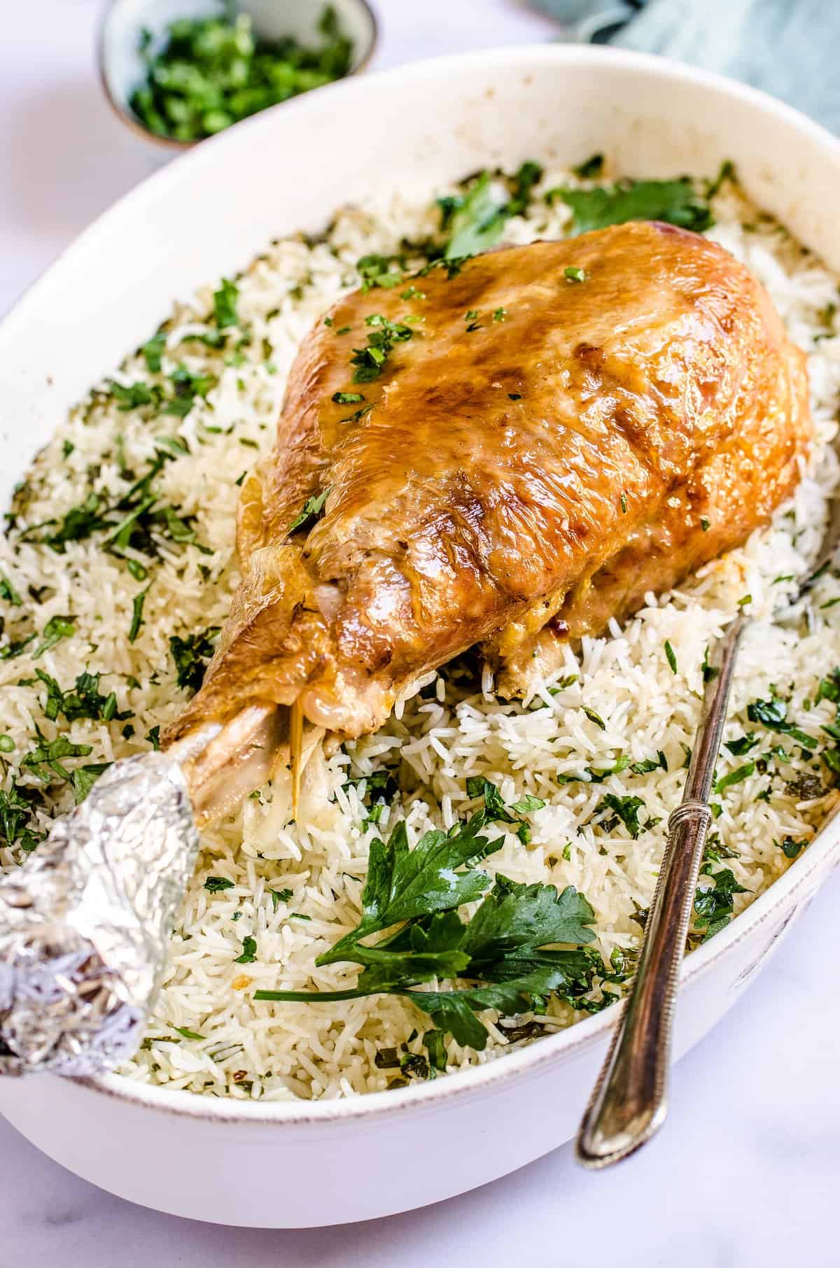 Turkey legs casserole in a baking dish.