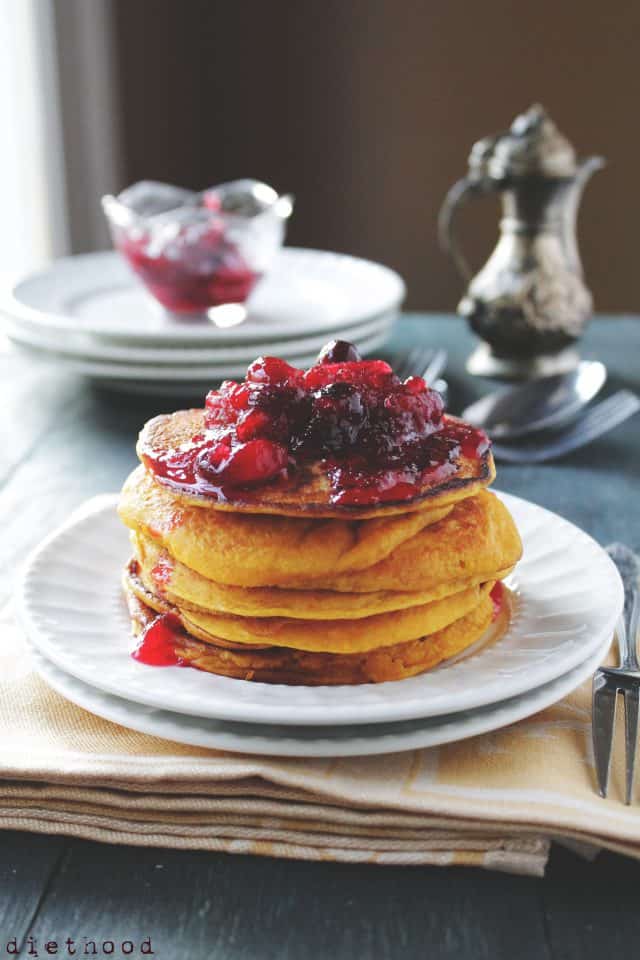 Pumpkin Pancakes with Cranberry Maple Syrup @diethood