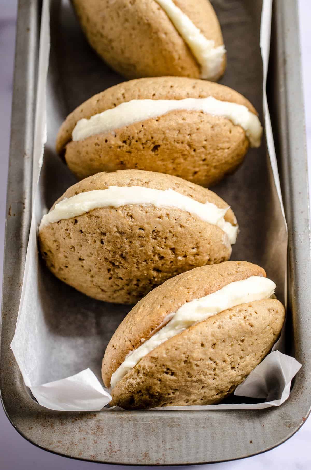 Gingerbread whoopie pies in a loaf pan.