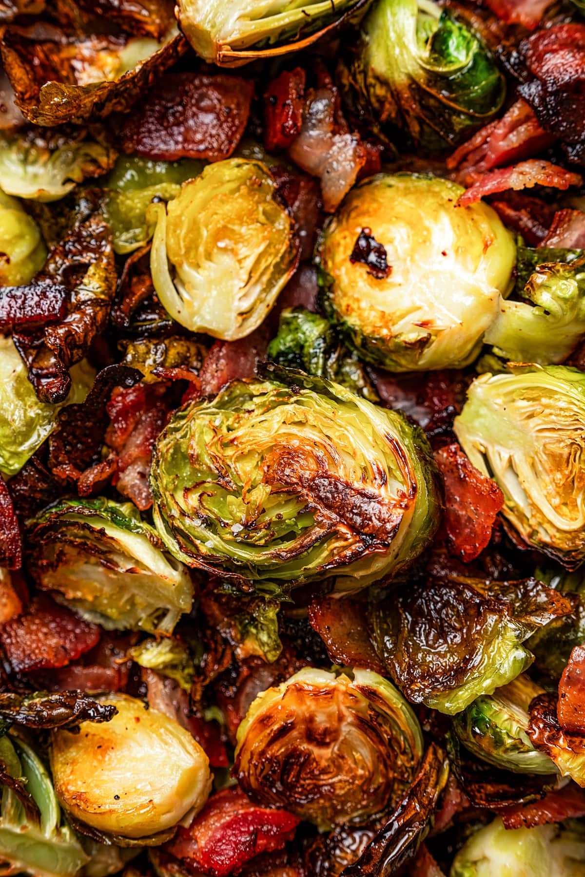 Close-up image of Roasted Brussels sprouts and bacon.
