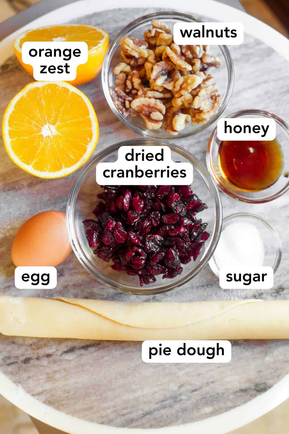 Overhead photo of ingredients used to make cranberry walnut pinwheel cookies.