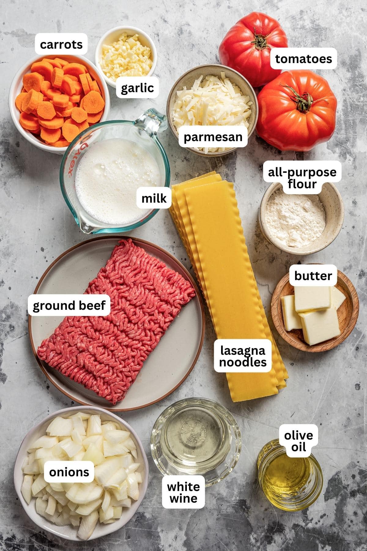 Image of all the ingredients used for lasagna bolognese.
