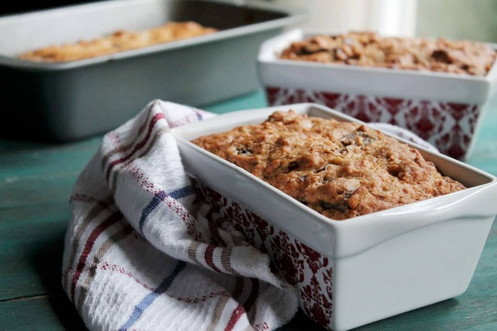 Three different pans of fresh baked Orange Date & Nut Bread