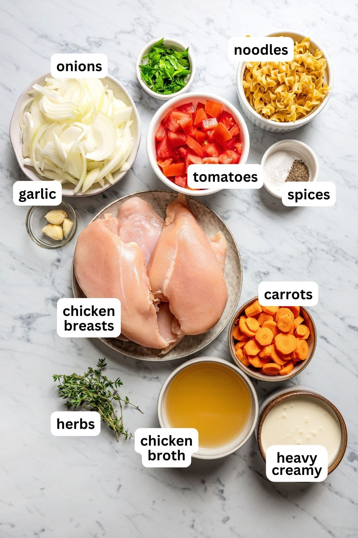 Overhead image of the ingredients used for making Slow Cooker Creamy Chicken Pasta.