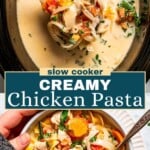Slow cooker creamy chicken pasta Pinterest long image.