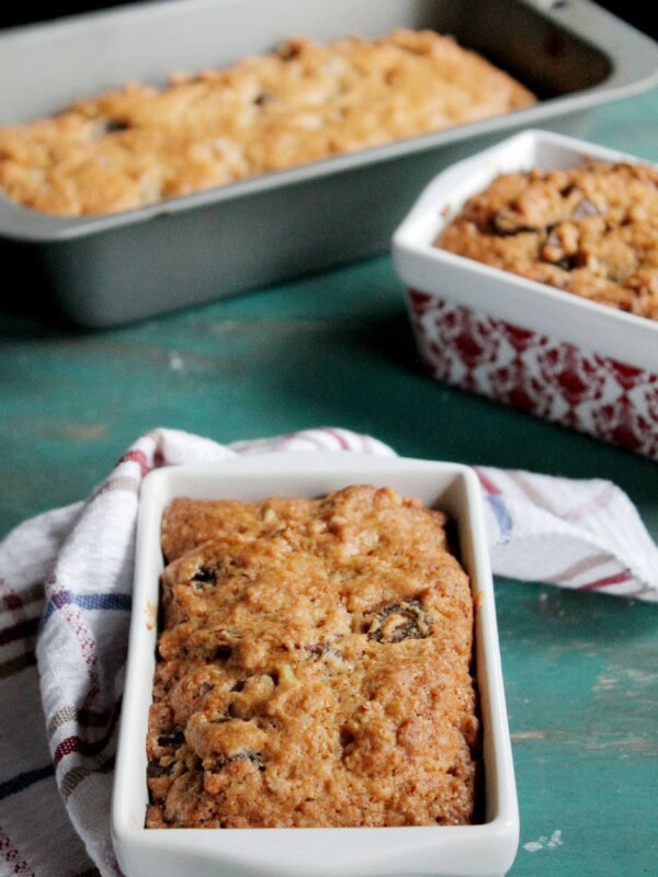 Freshly baked date nut bread with crunchy walnuts.